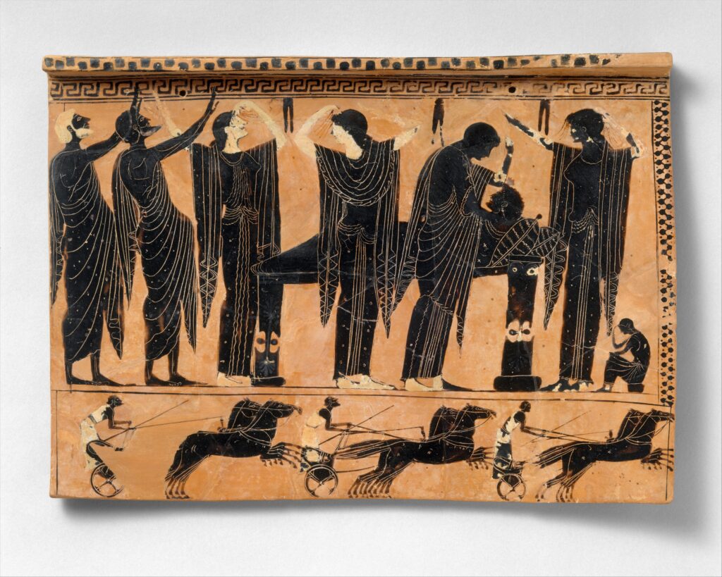 Title: Terracotta funerary plaque

Period: Archaic

Date: ca. 520–510 BCE

Culture: Greek, Attic

Medium: Terracotta; black-figure

Dimensions: Overall: 10 1/4 x 14 1/4 x 3/8 in. (26 x 36.2 x 0.9 cm)

Classification: Terracottas

Credit Line: Rogers Fund, 1954

Accession Number: 54.11.5